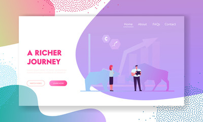 Poster - Stock Market Exchange Website Landing Page. Businesspeople at Huge Data Chart with Bull and Bear Silhouettes. Investment Trading, Graph Grow Trend Web Page Banner. Cartoon Flat Vector Illustration