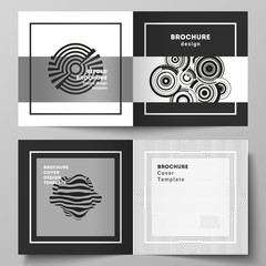 The vector layout of two covers templates for square design bifold brochure, magazine, flyer, booklet. Trendy geometric abstract background in minimalistic flat style with dynamic composition.