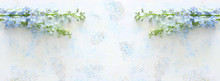 Spring Bouquet Of Blue Flowers Over White Vintage Wooden Background. Top View, Flat Lay