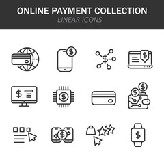 Wall Mural - Online payment collection linear icons in black on a white background