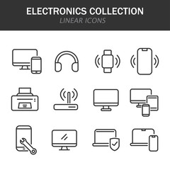 Wall Mural - Electronics collection linear icons in black on a white background