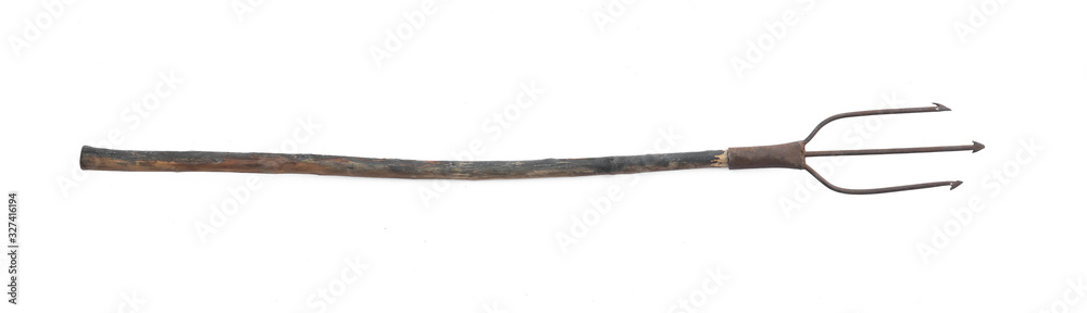 trident, old pitchfork isolated on white background - obrazy, fototapety, plakaty 