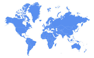  High detail blue world map with country borders. Outline vector illustration.