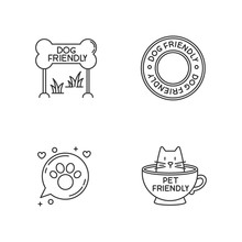 Cat And Dog Friendly Areas Emblems Pixel Perfect Linear Icons Set. Kitty And Doggy Welcome. Customizable Thin Line Contour Symbols. Isolated Vector Outline Illustrations. Editable Stroke