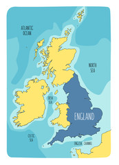 Wall Mural - Hand drawn map of England and the British Isles. Colorful hand drawn vector illustration