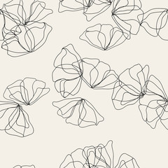 Wall Mural - Floral seamless monochrome pattern. One line style hand drawn trendy texture