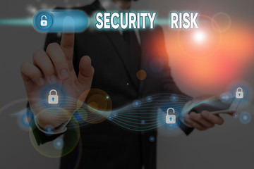Poster - conceptual hand writing showing security risk. concept meaning possesses a possible threat to the se