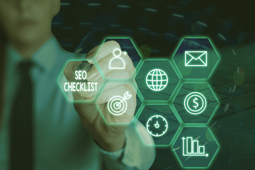Poster - Conceptual hand writing showing Seo Checklist. Concept meaning list of items required to optimize the search engine