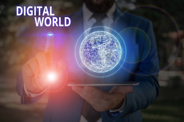 Poster - Writing note showing Digital World. Business concept for Inter connected through digital devices and social media Elements of this image furnished by NASA