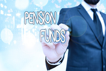 Poster - Text sign showing Pension Funds. Business photo showcasing investment pools that pay for employee retirement commitments