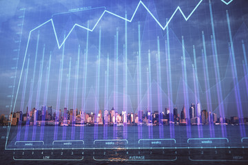 Forex chart on cityscape with skyscrapers wallpaper double exposure. Financial research concept.