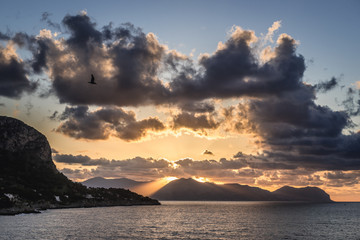 Poster - Distance view of Cape Gallo and Pellegrino Mountain over Tyrrhenian Sea from Zafferano headland on Sicily Island in Italy