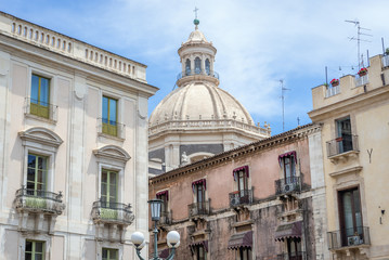 Poster - View from Univeristy Square on a dome of Abbey of St Agatha Church in Catania city on Sicily Island and autonomous region of Italy