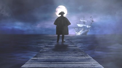 Wall Mural - man looking out to sea at ghost ship with full moon 4k features a man in a nineteenth century coat a