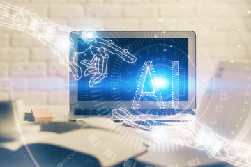 multi exposure of desktop computer and technology theme hologram. concept of software development.
