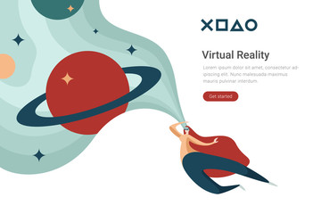 Virtual Reality VR Technology flat vector design illustration. Woman in Virtual Glasses in space with planets.