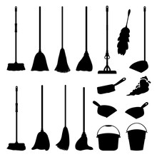 Cartoon Household Equipment Set. A Broom Sweeps Dust And Dirt On Scoop. Mop Or Swab, Feather Duster, Plastic Bucket.Cleaning Services, Concept. Objects Isolated White Background. Stock Vector.