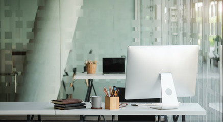Wall Mural - Workspace desk and laptop. copy space and blank screen. Business image, Blank screen laptop and supplies.