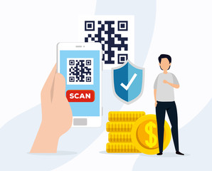 code qr in smartphone with businessman and icons vector illustration design