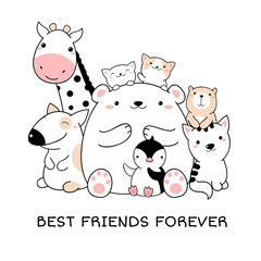 Wall Mural - Best friends forever. Group of cute animals in kawaii style