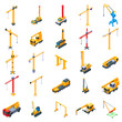 Crane icons set. Isometric set of crane vector icons for web design isolated on white background