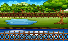 Background Scene With Wooden Fence Around Park