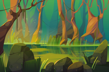 Wall Mural - swamp in tropical forest, fairy landscape with marsh, trees trunks, bog grass and rocks. vector cart