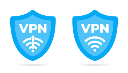 Wall Mural - Wireless shield VPN wifi and no vpn icon sign flat design vector illustration set. Wifi internet signal symbols in the security shield isolated on yellow background.