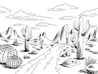 Prairie road graphic black white desert landscape sketch illustration vector