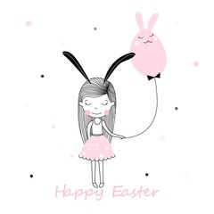  Easter themed cute kids characters in cartoon style. Girl with bunny ears and Holding a rabbit-shaped ball. eggs hunt, Colourful Easter graphics. t-shirt print, wall art, postervector design