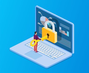 Wall Mural - Data protection. Internet security. 3d isometric people, man computer pc with key, lock. Concept for web page, banner, presentation, social media, documents cards, posters
