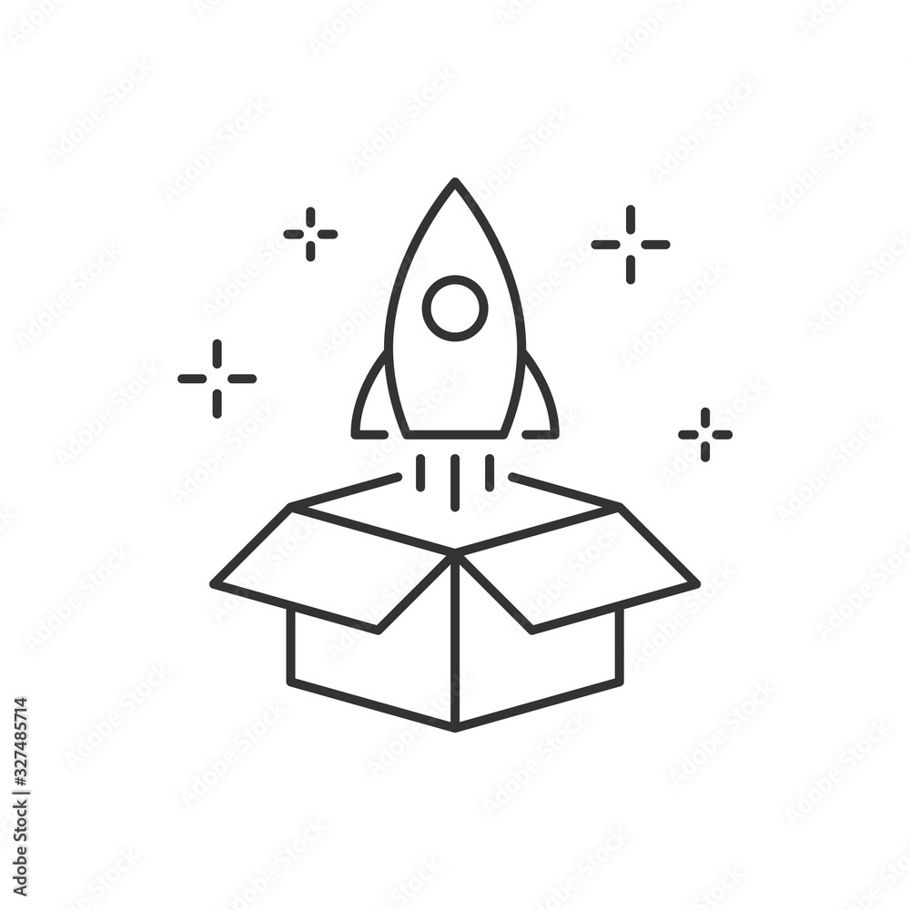 Launch rocket from box linear illustration. Space shuttle outside the ...
