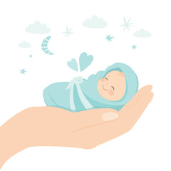 big hand holding newborn baby boy. medical and child care. insurance concept background. baby shower