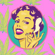 Smiling woman on cannabis leaf background