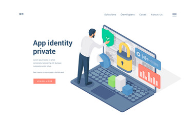 Poster - Man using private app on laptop. Isometric vector illustration