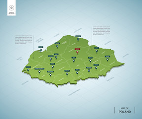 Wall Mural - stylized map of poland. isometric 3d green map with cities, borders, capital warsaw, regions. vector