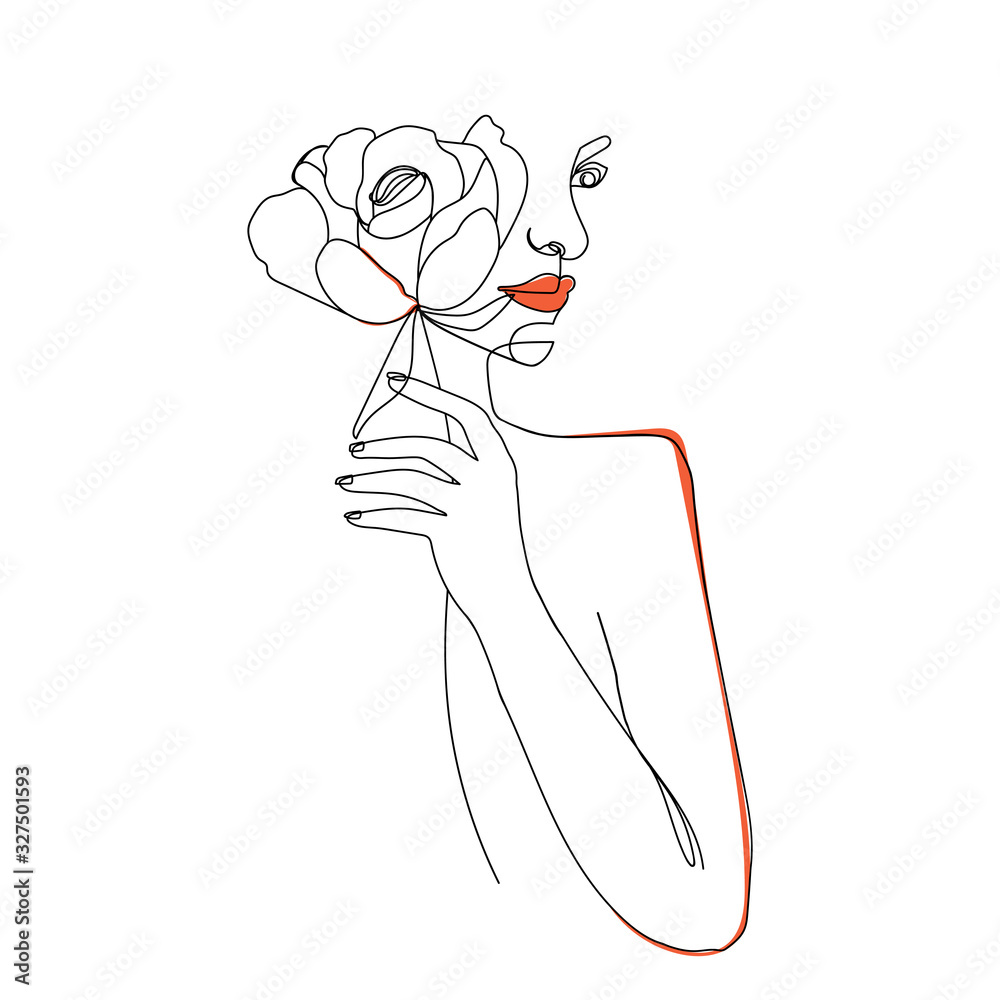 Trendy abstract one line woman face with rose flower. Continuous line ...