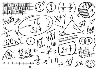 hand drawn math symbols. mathematics background. scribble mathematical concepts