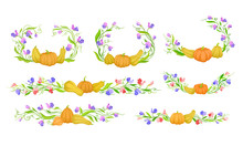 Frame Ornaments With Pumpkin And Winding Branches With Flowers Vector Set