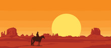 Vector Landscape With Wild American Prairies And Silhouette Of A Cowboy Riding A Horse At Sunset Or Dawn. Decorative Illustration On The Theme Of The Wild West. Western Vintage Background