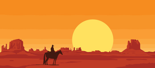 Wall Mural - Vector landscape with wild American prairies and silhouette of a cowboy riding a horse at sunset or dawn. Decorative illustration on the theme of the Wild West. Western vintage background