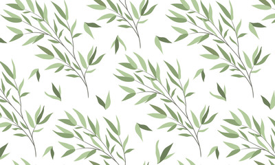Seamless horizontal pattern with branches of a willow on a white background. Vector illustration