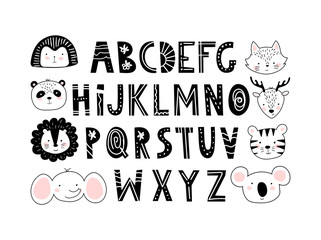 Cute alphabet and animals in nordic hygge style. Modern day nursery poster. Simple hand drawn black letters with white decor, set for design. Flat illustration isolated on white background.