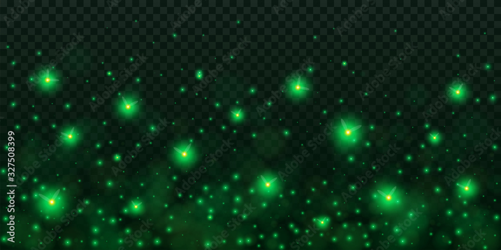Creative vector illustration of glowing fireflies isolated on transparent dark background. Art design green glowing firefly template. Abstract concept sparks dust element, lightning bugs at night - obrazy, fototapety, plakaty 