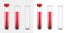 Creative Vector Illustration Test Tubes, Laboratory Glassware Isolated On Transparent Background. Test-tubes Filled With Blood Template. Concept Science, Pharmacy, Beaker, Medical Glass, Vial, Element