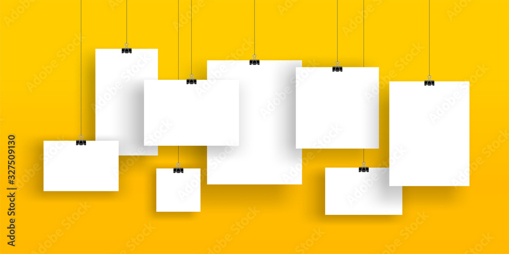 Creative vector illustration of blank hanging list, photo frames, a4 paper sheet isolated on background. Art design photo picture hanging template. Concept gallery portfolio, frame paper, poster. - obrazy, fototapety, plakaty 
