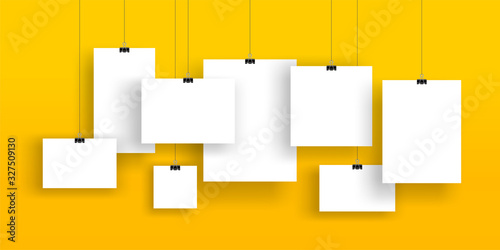 Cuadros en Lienzo Creative vector illustration of blank hanging list, photo frames, a4 paper sheet isolated on background