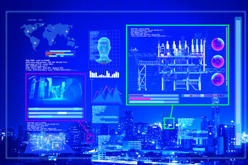 Futuristic virtual graphic artificial intelligence search location in the city on computer screen,illustrator picture