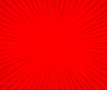 Abstract Comic Red Background With Speed Lines. Retro Style Pop Art Design. Burst Template Backdrop. Light Rays Effect. Vintage Comic Book Style. Fast Zoom Effect.