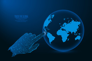 Wall Mural - Human hand or arm finger is touching Planet Earth. Polygonal wireframe mesh of Globe. Abstract low poly digital world. Vector illustration.